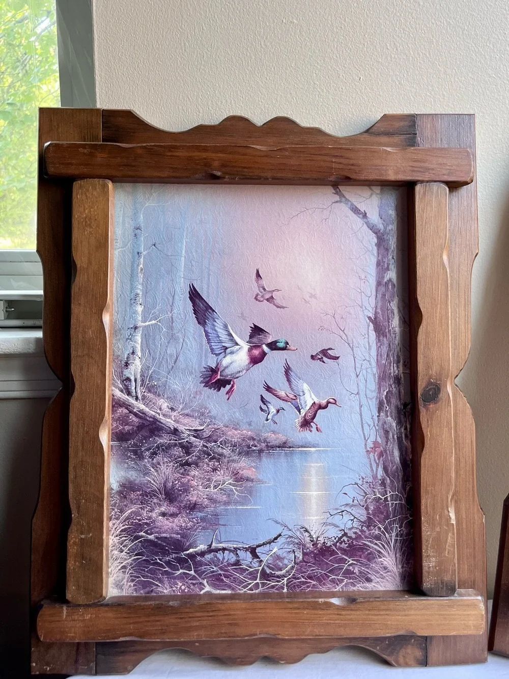 Pair of Rustic Vintage Wood Framed Duck Print Wall Art – Lavender Blue